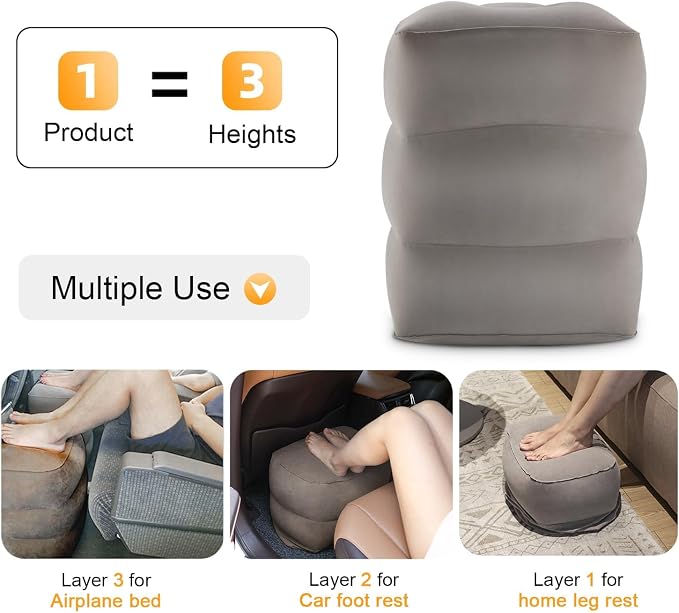 Inflatable Foot Rest/Leg Pillow | Adjustable Height（Grey, 2 Pack） | Kids Airplane Bed, Make a Flat Bed for Kids and Toddlers | Great for Airplane, Train, Car, Travel - Image 5