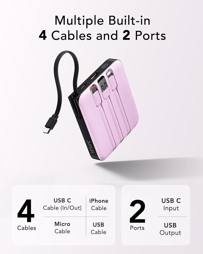 VRURC Portable Charger 10000mAh Battery Pack, Cell Phone Power Bank, Purple | Built-in Cables, 22.5W Fast Charging, Slim, Travel Essentials, Airline-Approved, for iPhone 17/16/15 Series, Samsung Android - Image 2