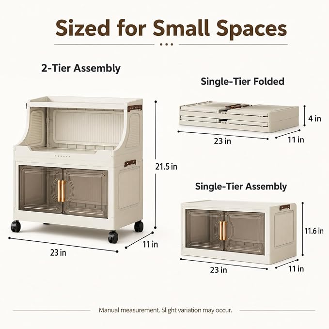 2 Tier Stackable Storage Bins with Lids & Wheels | PP construction with open top storage, clear doors and lockable wheels for kitchens, bathrooms, pantries and apartments. - Image 2