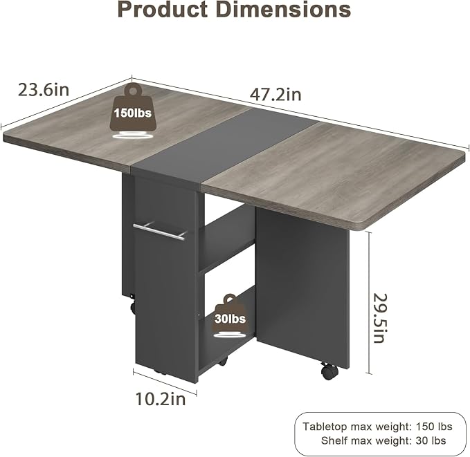 IDEALHOUSE FoldingTable, Drop Leaf Dining Table with 6 Wheels and 2-Layer Storage Shelf, Space Saving Table for Small Spaces (Slate Oak, 47.2" D x 23.6" W x 29.5" H) - Image 2