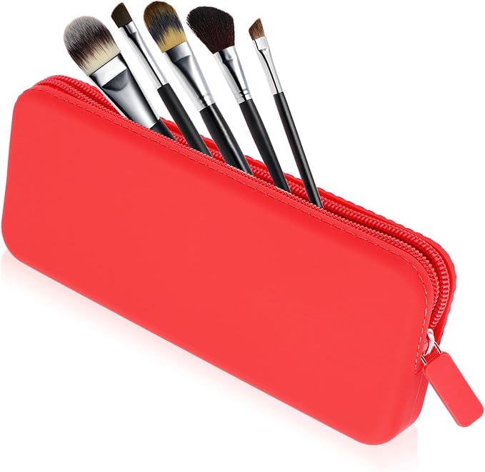 Travel Makeup Brush Holder, Waterproof Silicone Makeup Brush Bag with Zipper Closure, Soft Portable Makeup Brushes Organizer, Small Cosmetic Bag for Daily Work (Red) by Sakolla