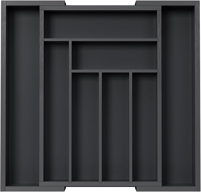 Pipishell Bamboo Expandable Drawer Organizer for Utensils Holder, Adjustable Cutlery Tray, Wood Drawer Dividers Organizer for Silverware, Flatware, Knives in Kitchen, Bedroom, Living Room(M-Black) by Pipishell