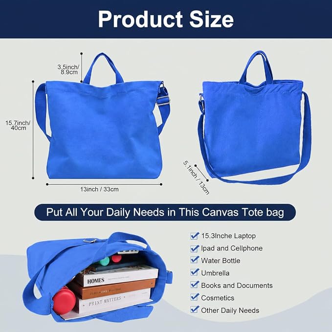 Women's Canvas Tote Bag inside Out Bag with Adjustable Crossbody Strap for Work Travel Shopping Durable Handbag for Men - Image 3