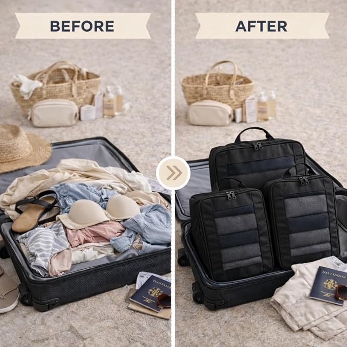 G-FORCE 3PC Compression Mesh Mid-Rectangular Packing Cube Set Black Color | Space Saver Travel Organizer | Luggage Compression Cubes - Image 7