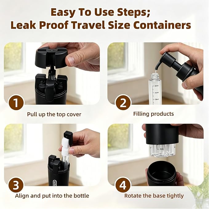 4-in-1 Travel Dispenser Bottle,4 Pack 30ML Travel Bottles for Toiletries, Leak Proof Travel Size Containers (Black) - Image 5