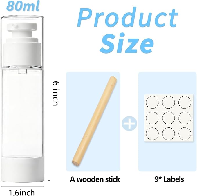 Clear Airless Pump Bottles, Vacuum Travel Cosmetic Containers | 2.7OZ/80ML 3Pack Lotion Dispenser Pump Bottles; For Cream, Foundation & Skincare Cosmetics; With Labels & Wooden Sticks - Image 2