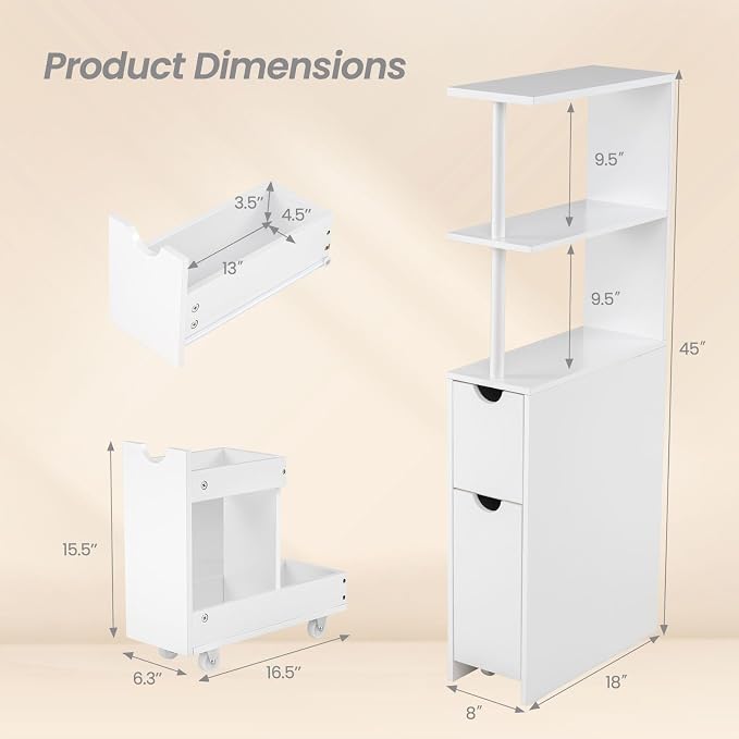 GIANTEX Slim Storage Cabinet, Narrow Freestanding Bathroom Organizer with Open Shelves, Pull-Out Drawer and Slide-Out Cart, Space-Saving Wooden Floor Cabinet for Entryway, Living Room and Kitchen - Image 3