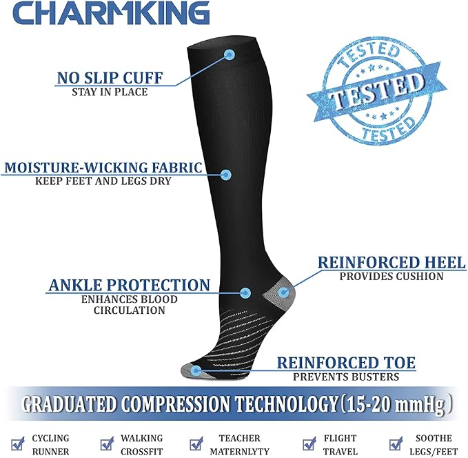 CHARMKING Compression Socks for Women & Men Circulation (8 Pairs) 15-20 mmHg Best Calf Socks Support for Athletic Cycling - Image 4