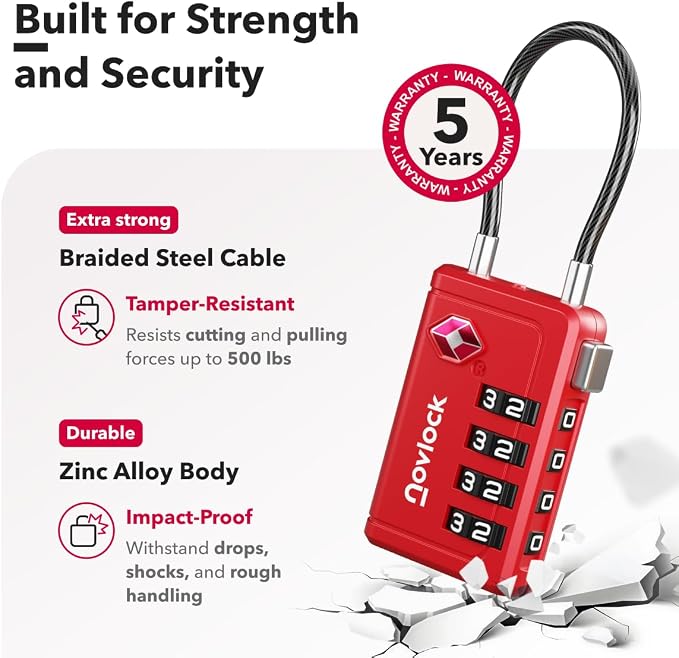 TSA Approved Luggage Locks, Travel Locks with Inspection Indicator | TSA008, Easy to Read Dials, 4 Digit Combination, Flexible Steel Cable, for Suitcases, Backpacks, Bags, 2-Pack, Red - Image 4