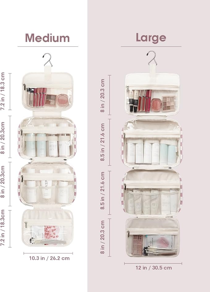 Narwey Travel Toiletry Bag for Women Large Hanging Makeup Bag Organizer Toiletries Bag for Full Size Essentials Accessories Cosmetics (Dusty Pink Checkerboard (Large)) - Image 3
