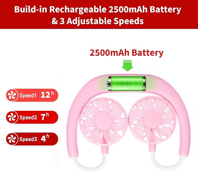 JUANANIUG Portable Neck Fan Rechargeable Personal HandFree Fan Mini USB Wearable Neckband Sport Fan 3 Speed Adjustable 360 Degrees Rotation Perfect for Working Traveling Office Reading (Pink) - Image 4