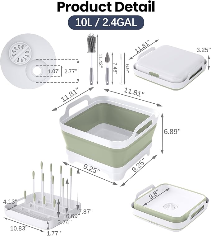 Volnamal Collapsible Wash Basin with Drying Rack & Drain Plug (Green) | Portable 2.4 Gal Dish Tub, Foldable Basin for Baby Bottles, Vegetable, Camping Sink, Kitchen, RV, Camp, Outdoor Space-Saving - Image 6