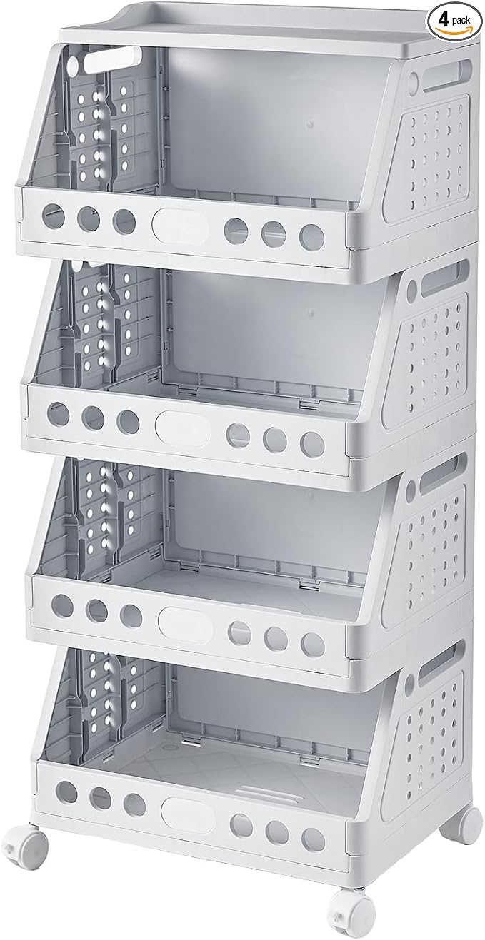 UFORU 4 Tier Rolling Storage Cart,Plastic Open Storage Basket with Wheels | Rolling Storage Shelf for Kitchen,Bathroom,Bedroom and Living Room,Versatile Home Organization for Books,Toys by UFORU