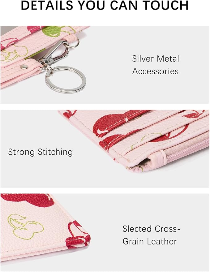BOSTANTEN Credit Card Holder RFID Small Wallet for Women with Keychain | Slim, Wristlet, Zipper Coin Pocket, Pocket-Friendly, Vegan Leather, Minimalist, Gifts, Cherry - Image 3