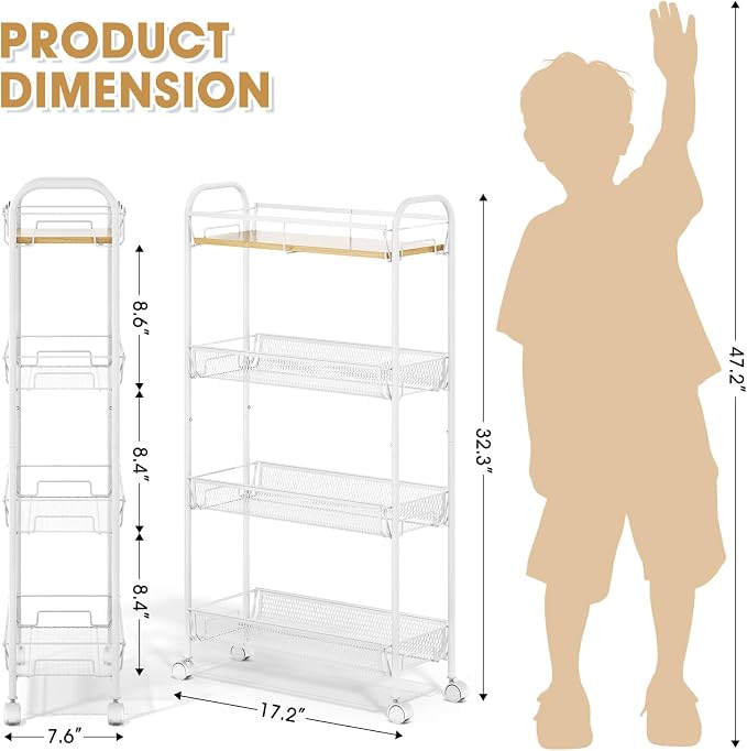 TOOLF 4-Tier Slim Rolling Cart, Metal Utility Cart, Slide Out Storage Cart with Wooden Tabletop and Mesh Baskets for Narrow Space on Kitchen Bathroom Laundry Room Bedroom Apartments Dormitory - Image 2