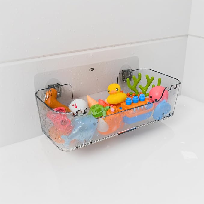 Bathtub Toy Storage, Clear Wall-Mounted Bath Toy Holder, No-Drill | 2 Adhesive Backplates Included, BPA-Free PET, Fast-Drain Design, Detachable, 13 lb Load Capacity - Image 2
