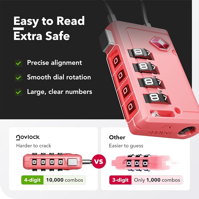 TSA Approved Luggage Locks, Travel Locks with Inspection Indicator | TSA008, Easy to Read Dials, 4 Digit Combination, Flexible Steel Cable, for Suitcases, Backpacks, Bags, 2-Pack, Pink - Image 7