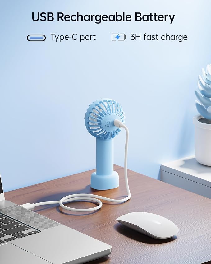 SWEETFULL Mini Portable Fan - Rechargeable Handheld Fan, 3 Speeds Personal Small Hand Gifts for Travel Essentials, Lash, Makeup, Eyelash, Kids, Girls, Women - USB, Cute Design Light Blue - Image 7