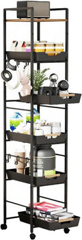 6-Tier Slim Rolling Storage Cart with Wheels, Metal Organizer Tall Rolling Cart, Wood Top Narrow Mobile Utility Cart with Pull-Out Baskets for Kitchen, Bathroom, Laundry Room, 13in(W) Black by Unknown