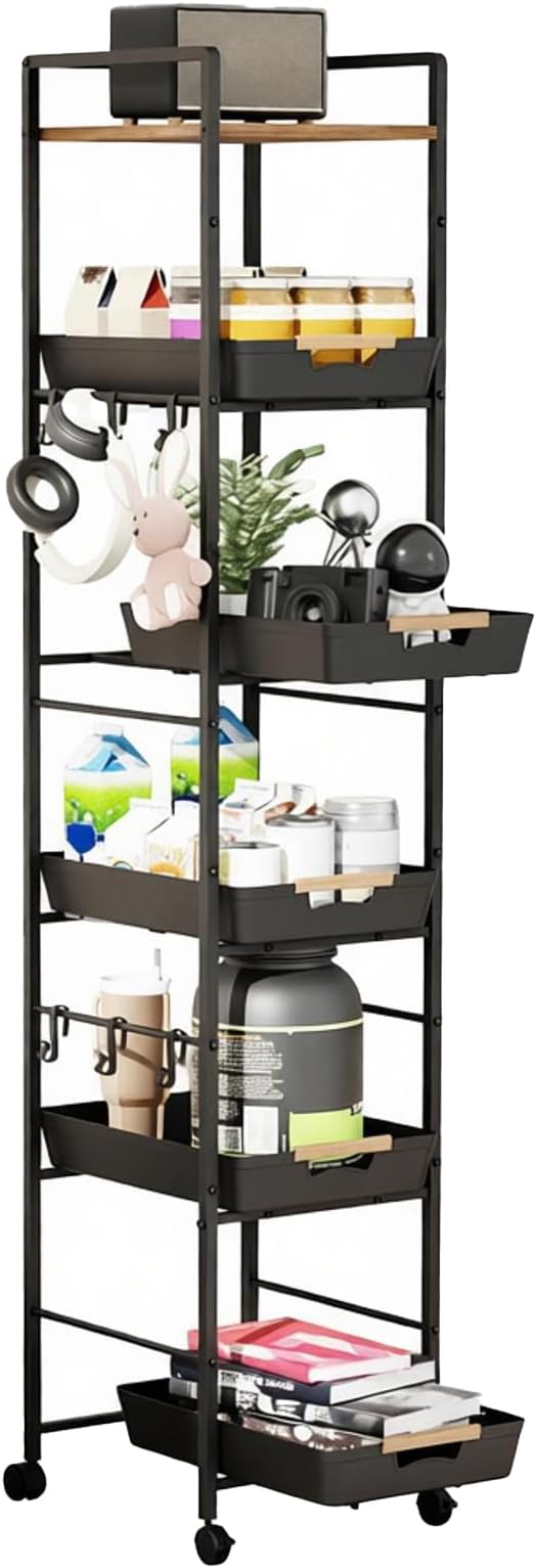 6-Tier Slim Rolling Storage Cart with Wheels, Metal Organizer Tall Rolling Cart, Wood Top Narrow Mobile Utility Cart with Pull-Out Baskets for Kitchen, Bathroom, Laundry Room, 13in(W) Black by Unknown