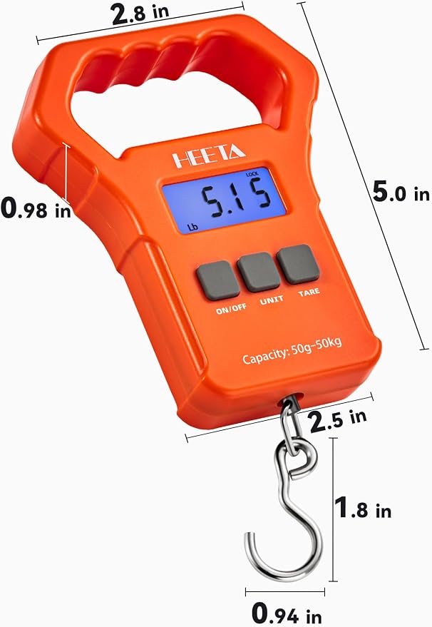 HEETA Fish Scale 110lb/50kg Digital Hanging Fishing Luggage Weight Scale | Portable with Backlit LCD Display, Hook & Non-Slip Large ABS Handle, Fishing Gifts Gear for Men, 2 AAA Batteries Included - Image 7