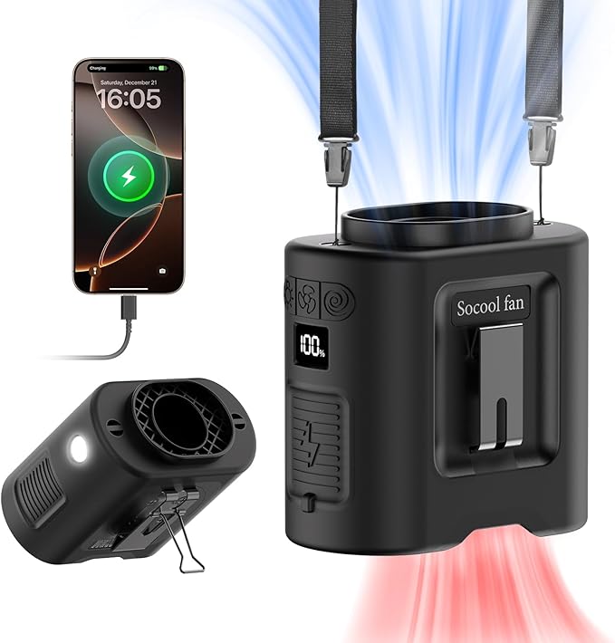 Socool 14500mAh Portable Waist Fan Clip on Belt 360 Rotation Wearable Rechargeable Personal Shirt Fan, 67H Cooling 5-Speed Battery Operated Fans with Light, Neck Fan Hanging for Outdoor Camping Travel by Socoolfancoolinhand