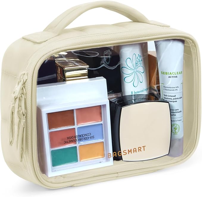BAGSMART Puffy Clear Toiletry Bag, TSA-Approved & Wide-Open, 1-Pack, Beige | Travel Makeup Bag with Handle, Cosmetic Bag with Double Zipper for Women by BAGSMART