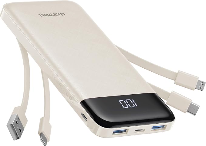 charmast 10000mAh Power Bank Portable Charger with 4 Built-in Cables | Reinforced for Durability,6 Outputs,3A Fast Charge,LED Display,TSA Compliant,Travel Must-Have, for Commuter,College Student by charmast