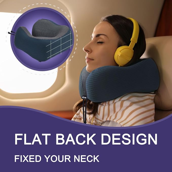 napfun Neck Pillow for Travel with Travel Pouch, Sleep Mask & Earplugs, Memory Foam Airplane Pillow for Headrest Sleep with Eyeshades, Plane Essentials with Eye Blindfold, Deep Blue Striped Kit - Image 4
