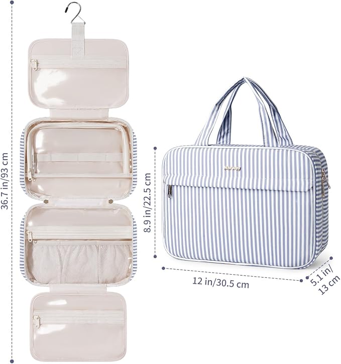 Narwey Striped Hanging Travel Toiletry Bag, Makeup Bag Organizer Make up Toiletries Bags for Full Size Essentials, Accessories, Brushes, Cosmetics (Greyish Blue Stripe, Large) - Image 7