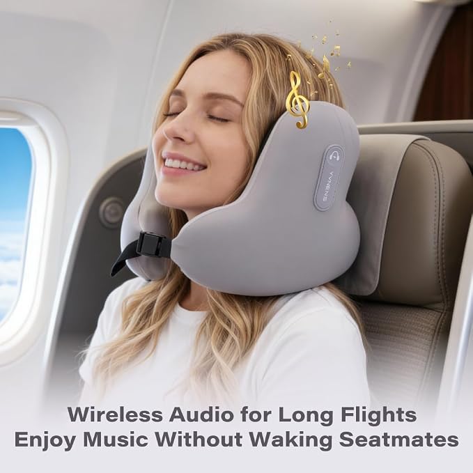 Neck Travel Pillows for Airplanes with Bluetooth, Premium Memory Foam Neck Pillow, Noise Reducing Travel Pillow for Long Flight, Office, Cars, Home, Sleeping and Rest, Gray - Image 2