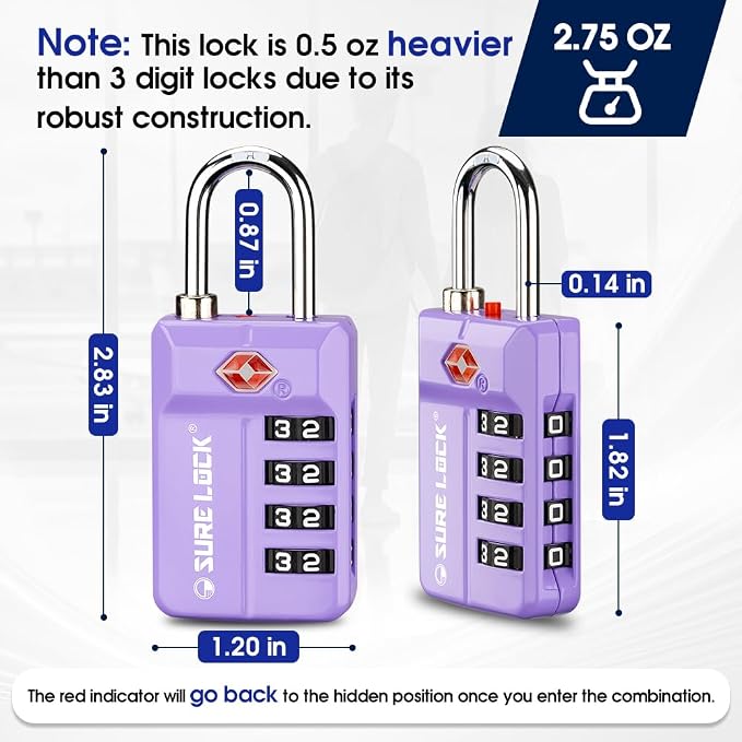 SURE LOCK TSA-Approved 4-Digit Resettable Combination Luggage Lock with Open Alert, Easy-Read Dials - for Luggage, School Lockers, Gym, Office, Toolbox & Security Cases (Purple 2 Pack) - Image 3