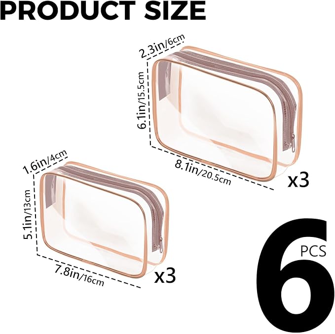 AURUZA 6 Pack Travel Toiletry Bag, Clear Makeup Bag, TSA Approved Cosmetic Bag with Zipper, Clear Organizer Carry on Bag for Women, PVC Cosmetic Pouch (Rose Pink, 6 Packs) - Image 2