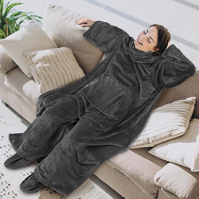 PAVILIA Fleece Blanket with Sleeves, Foot Pockets for Women Men Adults, Plush Wearable Blanket Throw Wrap, Warm Snuggle Blanket Robe, Cozy Gift Ideas Wife Mom, Dark Gray - Image 3