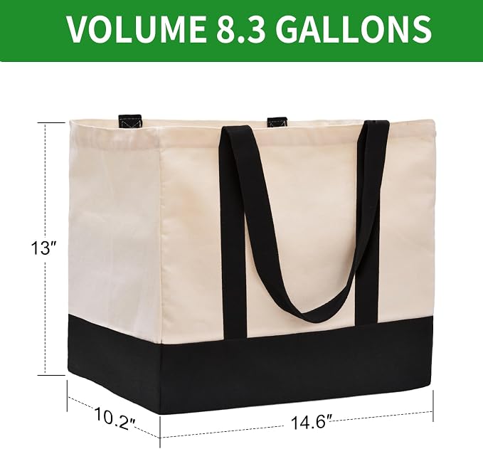 Large Canvas Tote Bag for Women, Shopping Bags for Groceries with Pockets | 14.6 x 10.2 x 13 in Holds 60 lbs Washable Eco-friendly Tote Bags for Shopping/Picnics/Beach/Laundry, Off White+Black 1 Pack - Image 5