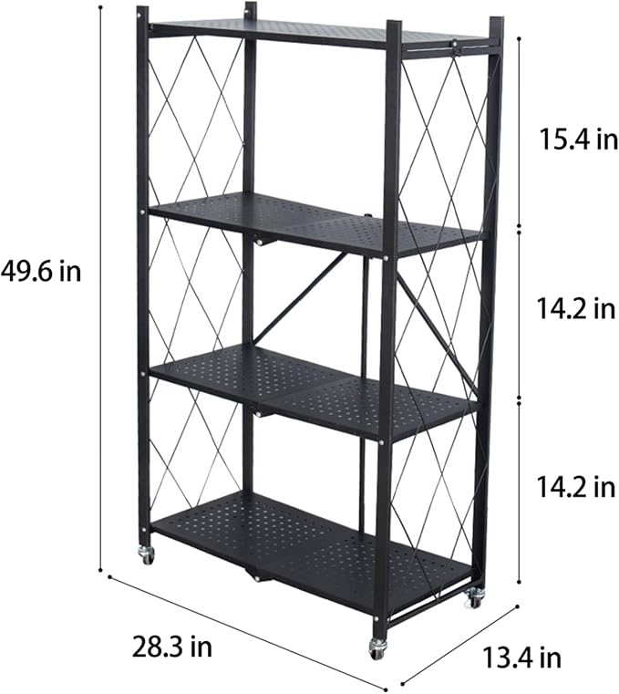 Life Hacks 2pcs 4-Tier Foldable Shelves for Storage, No Assembly Required, Folding Shelf Unit Pantry Shelves with Wheels, Metal Shelving Storage Rack Shelf for Kitchen Garage Home - Image 3