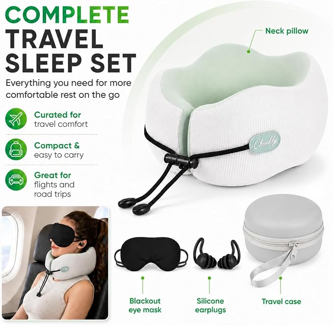 Memory Foam Travel Neck Pillow for Airplane Travel, Head and Chin Support, Adjustable Strap, Washable Cover, Carry Case - Image 3