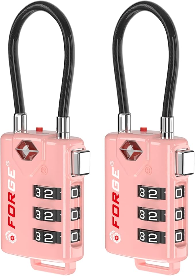 Forge TSA Approved Cable Luggage Locks, 2 Pink Locks, Re-settable Combination with Alloy Body by Forge