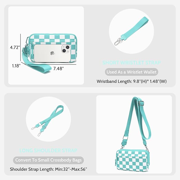FODOKO Wristlet wallets for Women RFID crossbody bags with 4 Zippers | Checkered quilted nylon with credit card slots, cell phone organizer, and coin purse for travel and everyday carry - Image 5