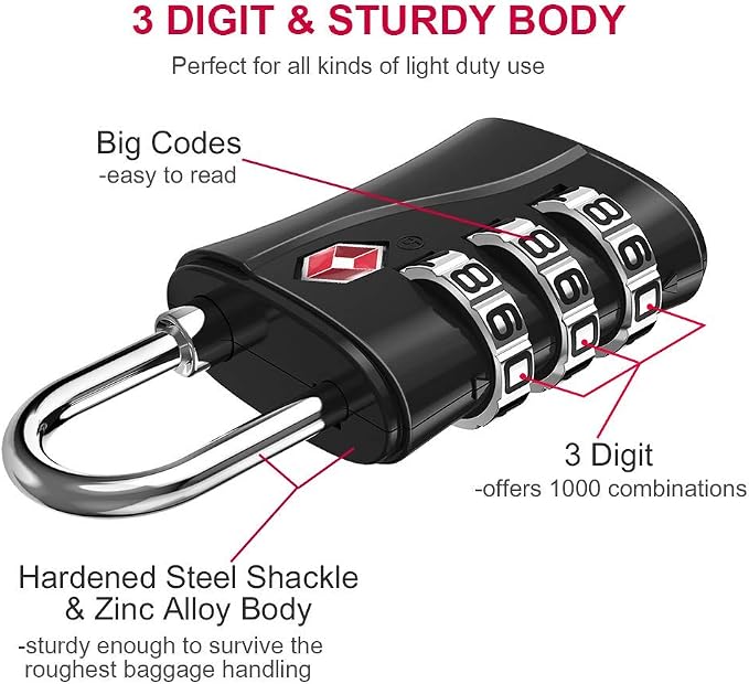 ZHEGE Suitcase Locks TSA Approved, 3 Digit Luggage Locks (Black, 2 Pack) | Flexible Cable (30 in) for Travel, School & Gym Locker - Image 3