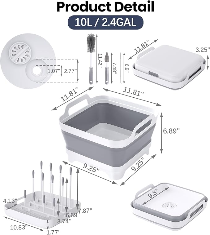 Volnamal Collapsible Wash Basin with Drying Rack & Drain Plug, Gray | Portable 2.4 Gal Dish Tub, Foldable Basin for Baby Bottle, Vegetable, Camping Sink, Kitchen, RV, Camp, Outdoor Space-Saving - Image 6