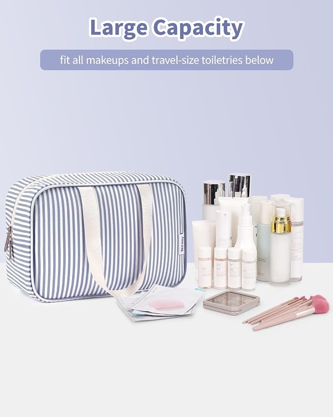 Full Size Toiletry Bag Women Large Cosmetic Bag Travel Makeup Bag Organizer Medicine Bag for Toiletries Essentials Accessories (Greyish Blue Stripe, Large) - Image 5