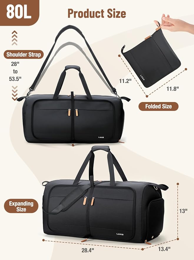 Lekesky Foldable Travel Duffle Bag for Women, 80L Large Duffel Bag with Separate Shoes Compartments & Straps, Carry On Weekend Bag for Women, Hospital, Overnight (Black) - Image 3