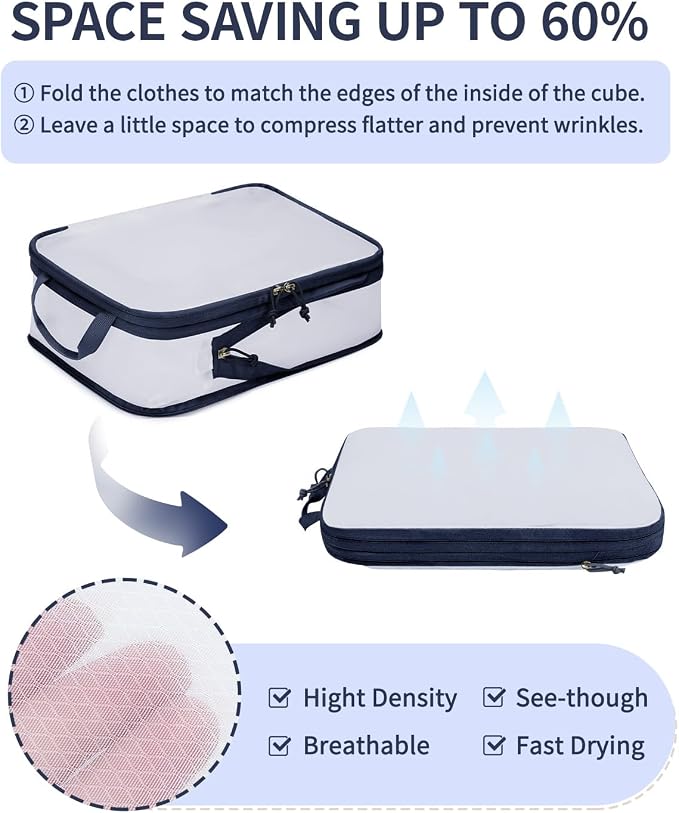 ECOHUB 6 Set Compression Packing Cubes, Lightweight Cruise Ship Vacation Travel Essentials, Durable Travel Accessories for Suitcase Luggage Organizer Bags Set with YKK Zippers Shoe Bag, Dark Blue - Image 3