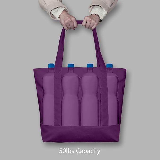 TOPDesign 1-Pack Canvas Tote Bags with an External Pocket, Reusable Grocery Shopping Bags, Top Zipper Closure, Daily Essentials (Purple) - Image 6