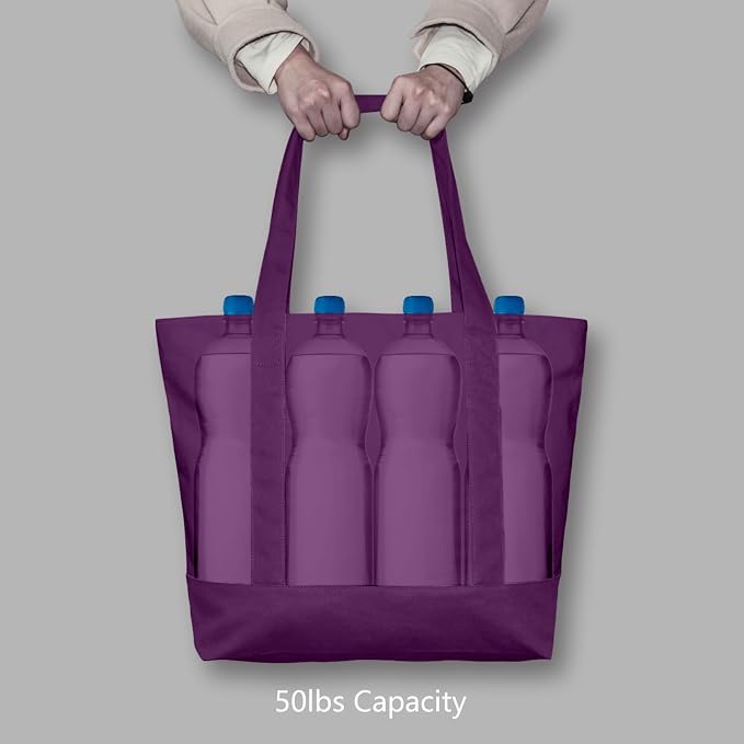 TOPDesign 6-Pack Canvas Tote Bags with an External Pocket, Reusable Grocery Shopping Bags, Top Zipper Closure, Daily Essentials (Purple) - Image 6