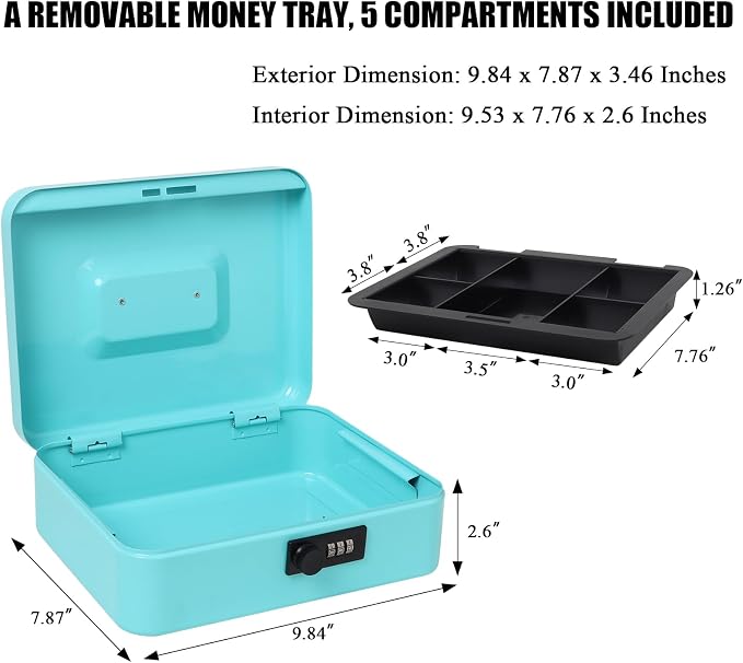 Jssmst Large Cash Box with Combination Lock - Durable Metal Cash Box with Money Tray, light blue (9.84 x 7.87 x 3.46) - Image 2