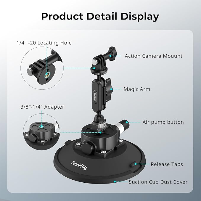 SMALLRIG 6" Suction Cup Mount with Ball Head Magic Arm, Camera Mount for DJI Osmo Action 6/5 Pro/4, for Insta360 x5, for Gopro 13/12, on Car Windshield or Window, Compatible with Action Cameras-5856 - Image 4