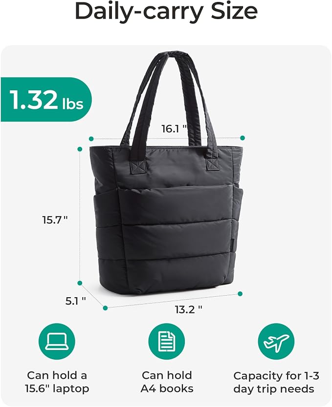 BAGSMART Tote Bag for Women, Lightweight Puffy Tote Bag with Compartments Shoulder Bag Handbag for Travel, Work, Gym | Lightweight - Image 3
