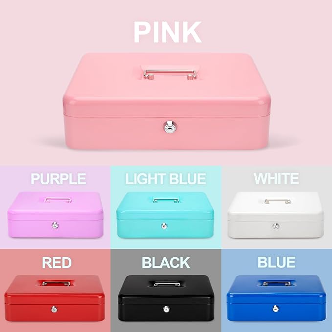 Jssmst Large Cash Box with Key Lock - Durable Metal Cash Box with Money Tray, 11.81 x 9.84 x 3.46 inches (X-Large, Pink) - Image 8